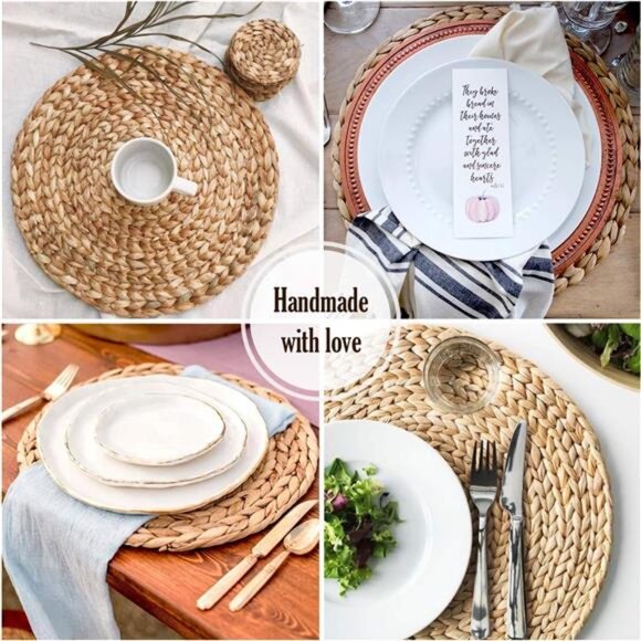 Woven Placemats Set of 10, Table Mats Set of 10, Water Hyacinth Round Placemats - Picture 6 of 8